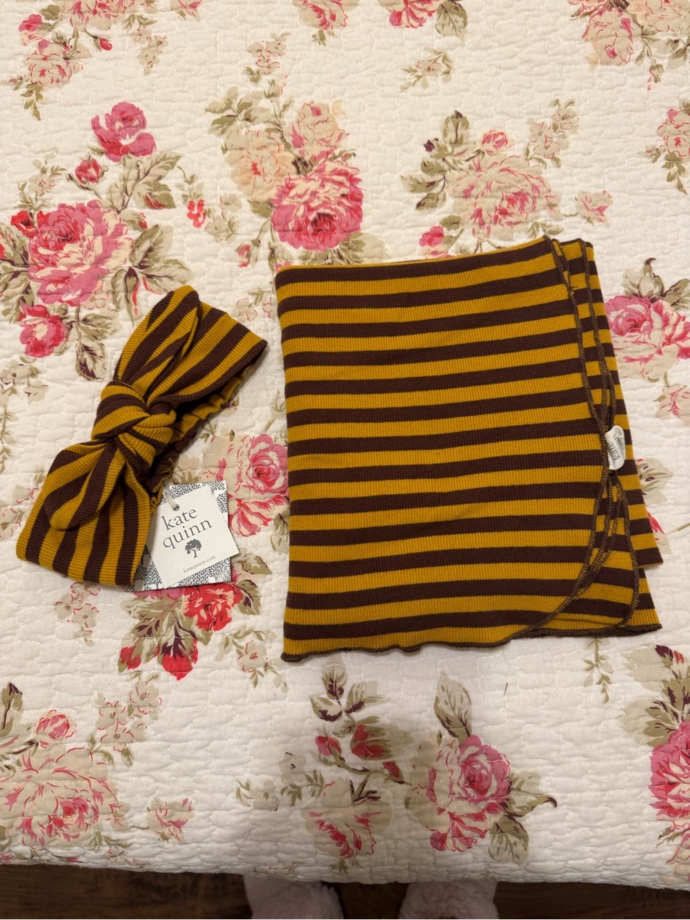 kate quinn Striped Baby blanket & Headband in Mustard and Brown